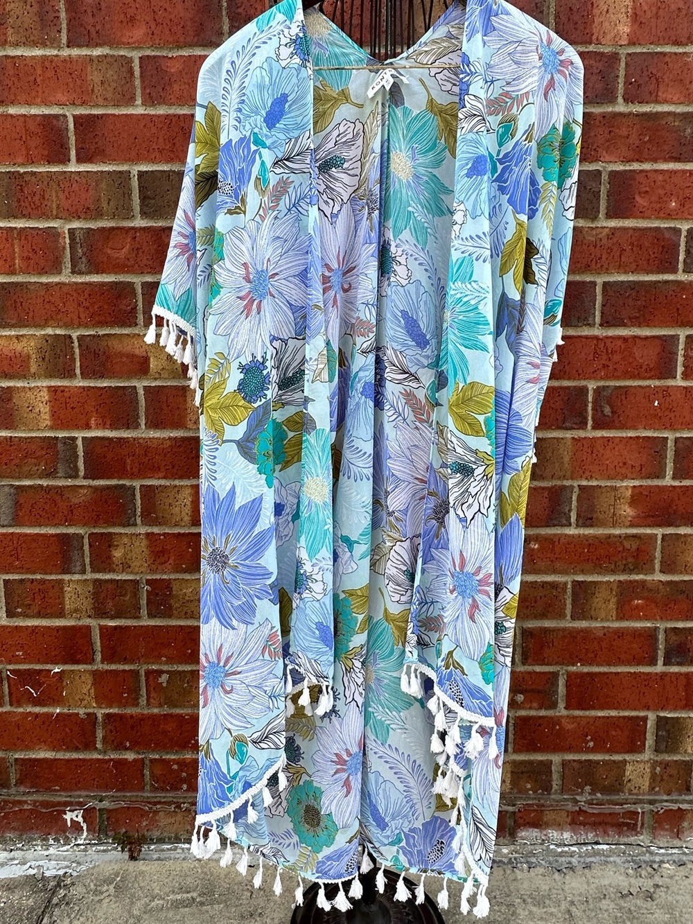 Kontrol Contemporary Tassel Kimono Floral Beachy Caftan Swimsuit Coverup Sheer